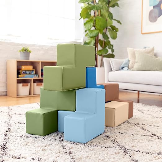 ECR4Kids SoftZone Brainy Building Blocks Puzzle Set, Beginner Playset, Earthtone, 7-Piece