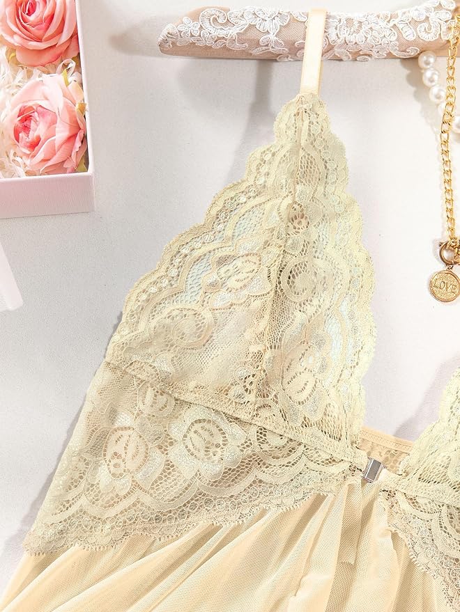 Foxiny Sexy Open Front V Neck Ruffle Sheer Mesh Lace Wireless Babydoll Lingerie Dress with Thong 2 Piece