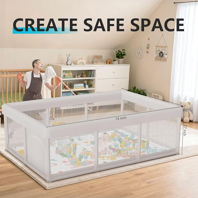 Hiaksedt Baby Playpen 74x50 in PlayPen for Babies and Toddlers, Large Play Yards for Indoor & Outdoor with Zipper Gates, Breathable Mesh with Mat