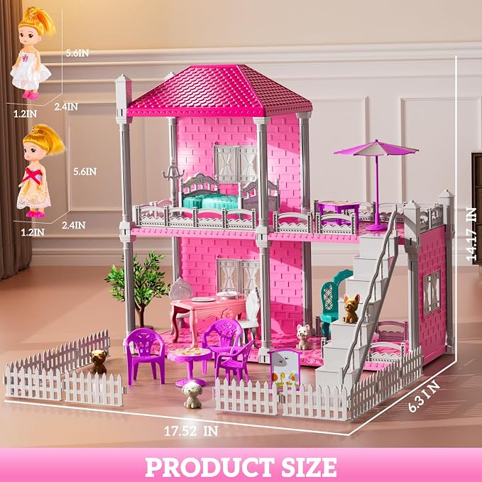JUKUDAHU Villa Playset for Girls Ages 3-7, Indoor Playset Girls Toys with 2 Storeys 3 Rooms 2 Dolls for Ages 6-8, Furniture and Accessories, Pretend Toddler Toy, Birthday Gifts for Kids 3 4 5 6 7 8