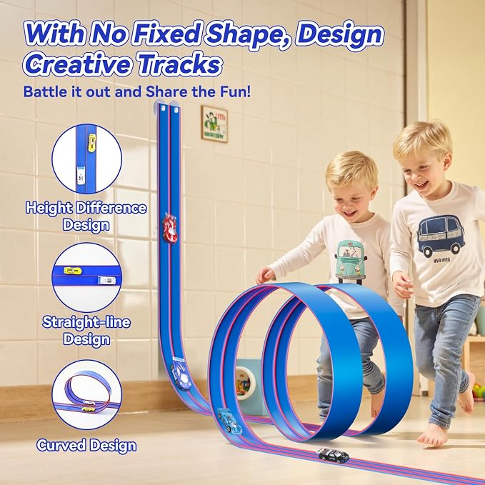 Upgrade Flexible Race Track for Kids, 15 Ft Flex Race Car Ramp Track with 4 Cars & Suction Cups - Compatible with Diecast 1/64th Cars, Car Tracks Toys for Kids Boys Girls Ages 3 4 5 6+ (Blue)