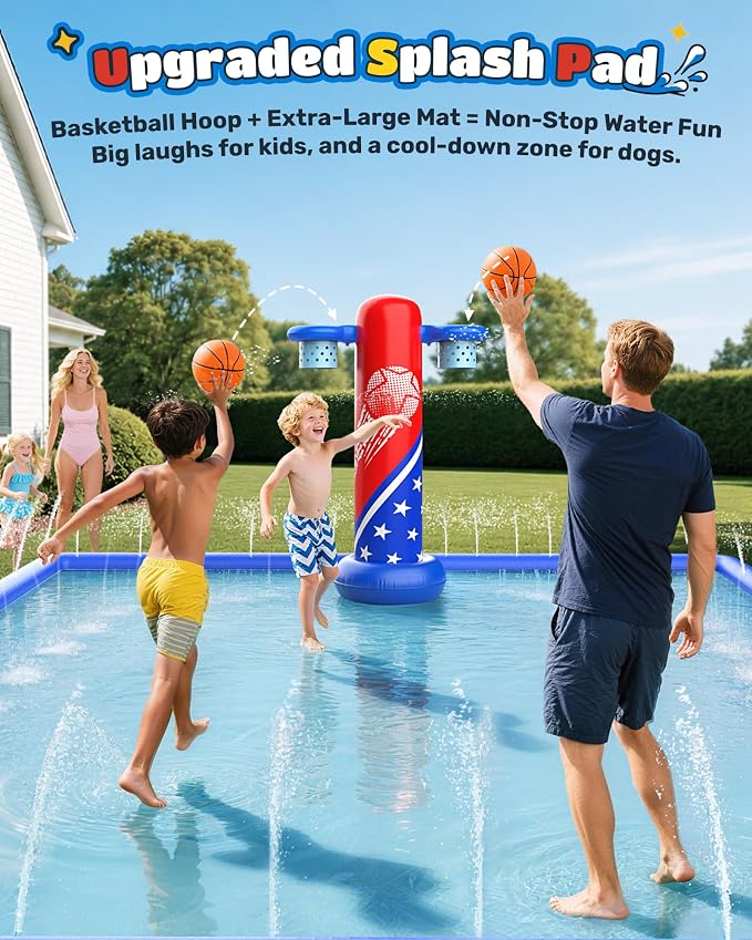 ODOSOLA 137x118'' Large Splash Pad for Kids 3-12 & Dogs, 2-in-1 Sprinkler Pad with Basketball Hoop/Ball Toss, Thickened Non-Slip Water Mat, Foldable Outdoor Summer Toy for Backyard/Pool/Beach