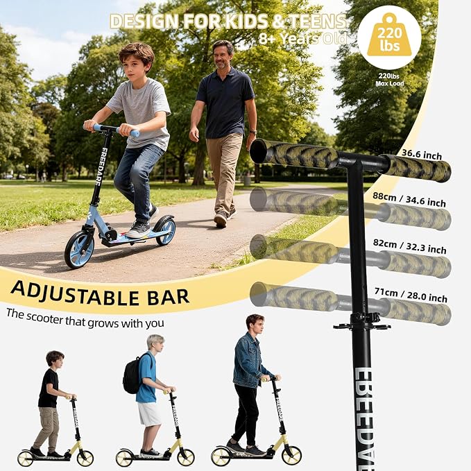 FREEDARE Kick Scooter for Kids & Adults Ages 8+, Foldable Teen Scooter with 2 Big 8-inch Wheels and 4-Level Adjustable Handlebar, Max Load 220 LBS