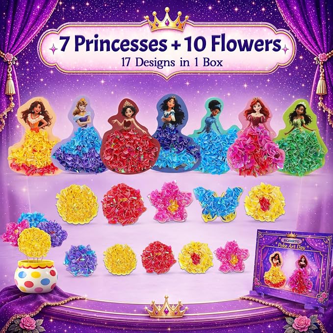 RGIMRTO Poke Art Craft Kit for Kids, 2-in-1 7 Princess +10 Flowers Craft Set with Display Board, Mess Free Craft Activity Birthday Gift for Girls Ages 4, 5, 6, 7, 8, 9,