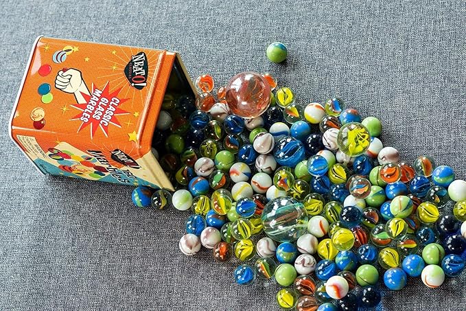 Neato! Classics 160 Marbles in A Tin Box by Toysmith - Retro Nostalgia Glass Shooter, Marble Games are Timeless Play for Kids - Boys & Girls