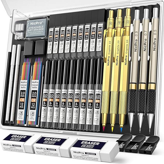 Nicpro 35PCS Gold Art Mechanical Pencils Set, 3 PCS Metal Drafting Pencil 0.5 mm & 0.7 mm & 0.9 mm & 3 PCS 2mm Lead Holder (6B 4B 2B HB 2H 4H Colors) For Sketching Drawing With 20 Tube Lead Refills