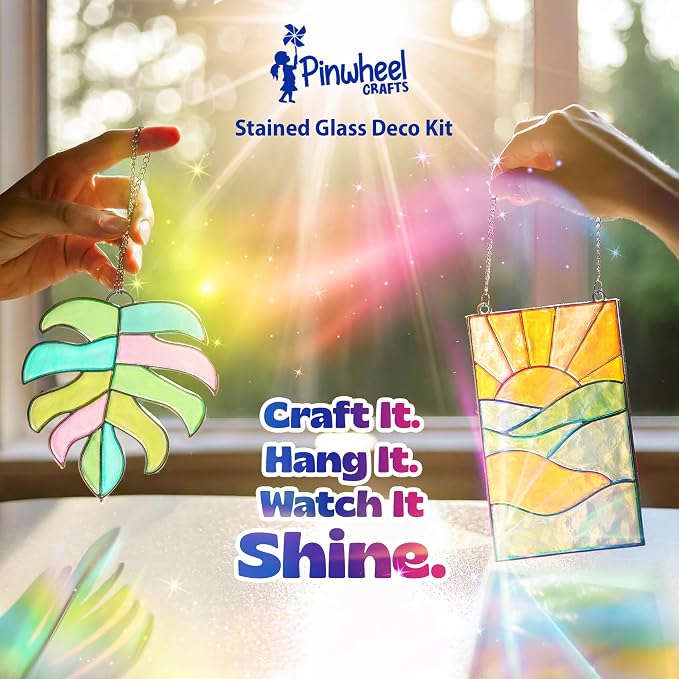 Pinwheel Crafts DIY Stained Glass Kit for Kids - Stain Glass Art Gift Set with 2 Decorative Frames, Hanging Chain, Ring and Colored Beads - Fun Windows Art Suncatcher Kit for Kids, Teens and Adults