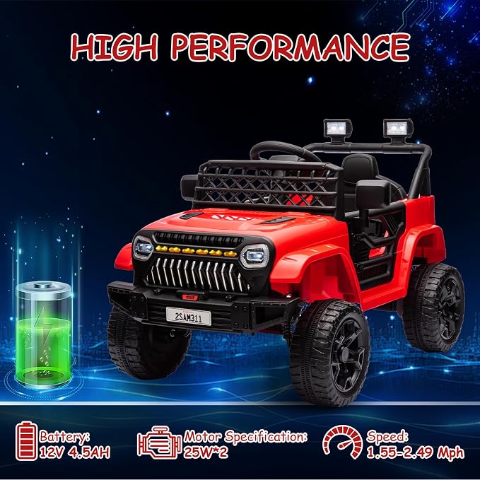 GarveeLife 12V Kids Ride On Truck Electric Vehicle Battery Powered Car Toddlers Ride On Toy for Boys Girls with Remote Control, 4-Wheel Suspension, Battery Display, LED Lights, Music, Red