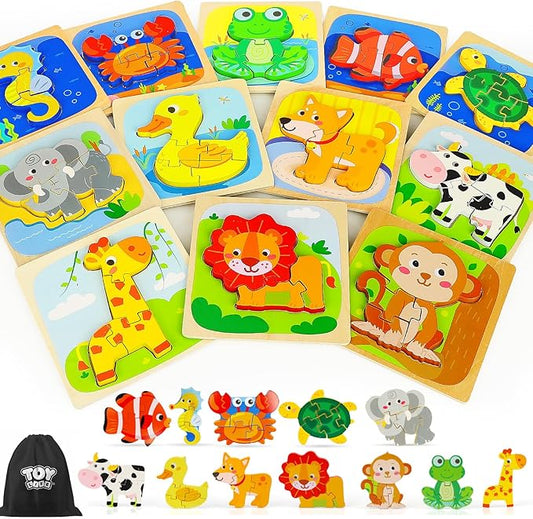 TOY Life Wooden Puzzles for Toddlers 2-4, Montessori Toys for 1 2 3 Year Old Boys Girls, Animals Puzzles Educational Learning Toys 2 Year Old, Birthdays Gifts Toy for 2 Year Old Girl Boy