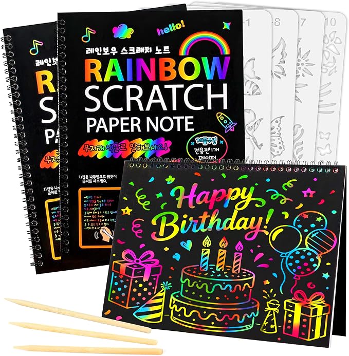 Mocoosy 3 Pack Rainbow Scratch Art Paper Notebooks, Spiral Bound Magic Scratch Pads for Kids Arts Crafts Supplies, Black Sketch Note Coloring Activity Book Travel Games Gifts for Girls Boys