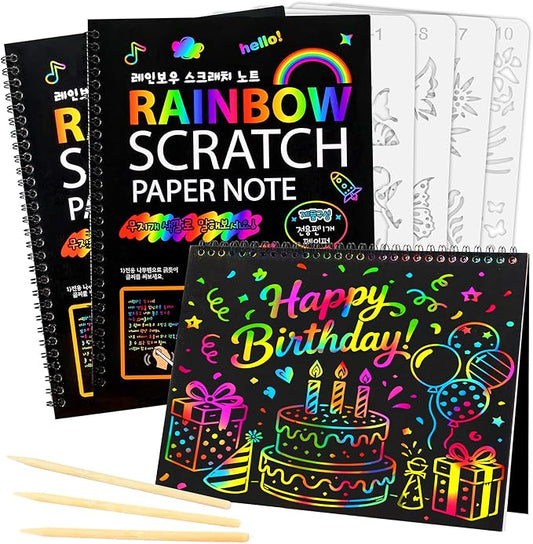 Mocoosy 3 Pack Rainbow Scratch Art Paper Notebooks, Spiral Bound Magic Scratch Pads for Kids Arts Crafts Supplies, Black Sketch Note Coloring Activity Book Travel Games Gifts for Girls Boys