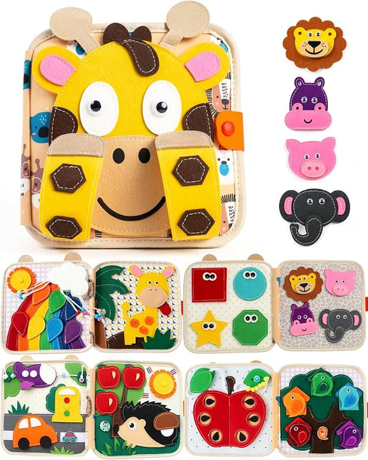 Montessori Busy Book for Toddlers, 8-Page Sensory Activity Book for Fine Motor Skills & Basic Dress Learning, Portable Travel Toy for Preschool Kids, Birthday Gift for Boys and Girls (Giraffe)