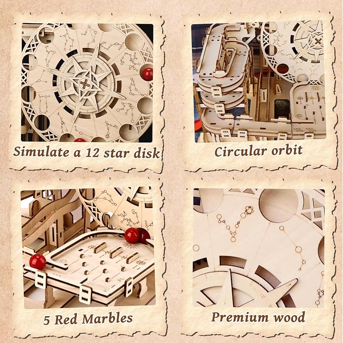 3D Wooden Puzzles for Adults Marble Run Model Building Kit, 178pcs Astrolabe Sphere with Red Marbles, DIY Craft Hobby Set, Creative Mechanical Puzzle Gift for Adult & Teens