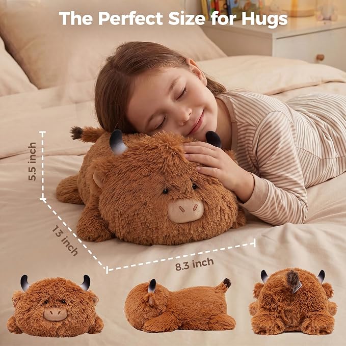 Mewaii Cute Highland Cow Plush Pillow, Kawaii Plushies Highland Cow Stuffed Animals, Squishy Plushies, Cuddle Plush Pillow for Kids & Girls (13 Inch)