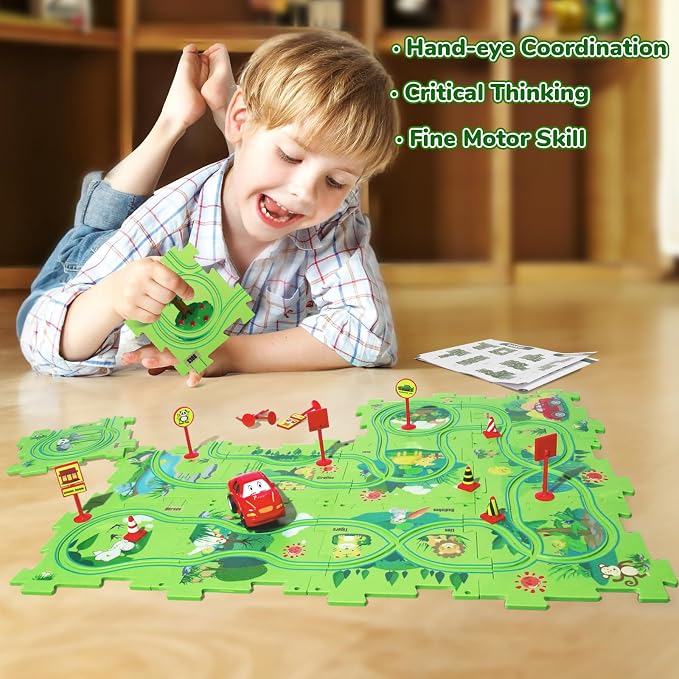 New Plastic Puzzles for Kids Ages 3-5 with A Cute Vehicle, Toddler Puzzles Gift, Critical Thinking Educational Toys, Toys for 3 4 5 6 Year Old Boys Girls, Fun Race Car Track Montessori Toys for Kids