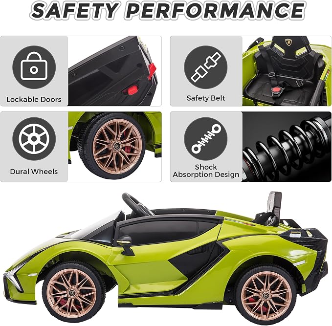 TOBBI 12V Kids Electric Ride On Car, Licensed Lamborghini SIAN Parente Remote Control Toy Toddler Battery Powered 4 Wheeler Vehicle to Drive with Safety Belt/Horn & LED Lights for Children 1-6-Green