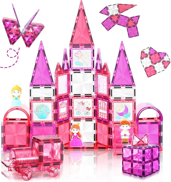 Magnetic Tiles Building Set 101pcs, STEM Toys for Girls 3-6, Princess Castle with Magnetic Car