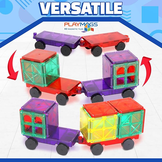 Playmags Magnetic Car Set (2 Pieces) – Strong Magnet Car Bases for Magnetic Tiles, STEM Building Toy Accessories for Kids, Compatible with Magnetic Blocks, Durable Wheels, Creative Play Add-On