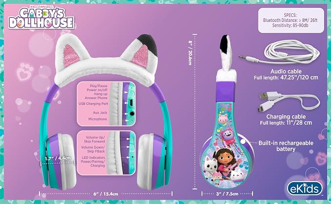 Gabbys Dollhouse Bluetooth Headphones for Kids, Wireless Headphones for School, Home, or Travel (Gabby)
