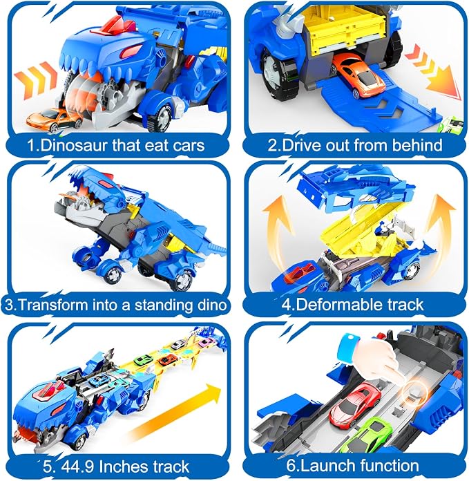 Dinosaur Toys for Kids 3-5, Dinosaur Truck with 6 Cars Toys, Car Track Set, Birthday Gifts Toys for 3 4 5+ Year Old Boys Girls, Transport Carrier Truck for Toddlers, Chritsmas Gifts
