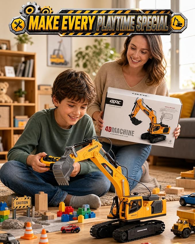 Remote Control Excavator Toy for Boys, 1:18 14-Channel RC Excavator with 3 Attachments, 2×1200mAh Batteries, Construction Toy for Sandbox Outdoor Play, Birthday Gift for Kids