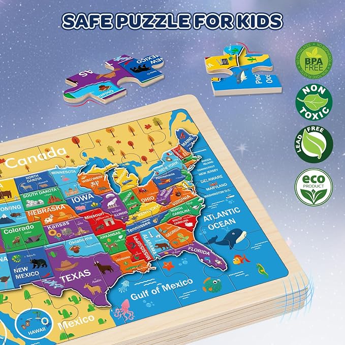 Puzzles for Kids Ages 4-6, 4 Packs 24 Pcs Wooden Jigsaw Puzzles for Toddlers Ages 2-4, Preschool Educational Map Puzzle Toys Gifts for 3 4 5 6 Boys Girls