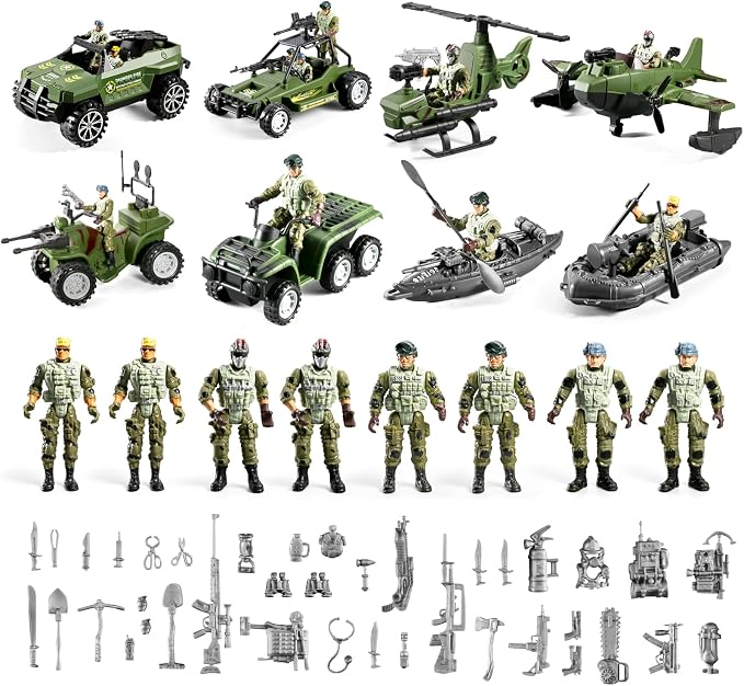 58-in-1 Army Men Toys for Boys 4-7 6-8 8-12, Military Truck/Helicopter/Kayak Boat/Motorcycle/Army Men Action Figures/Weapon Gears, Army Toys for Boys Kids Birthday Gifts Party Favors