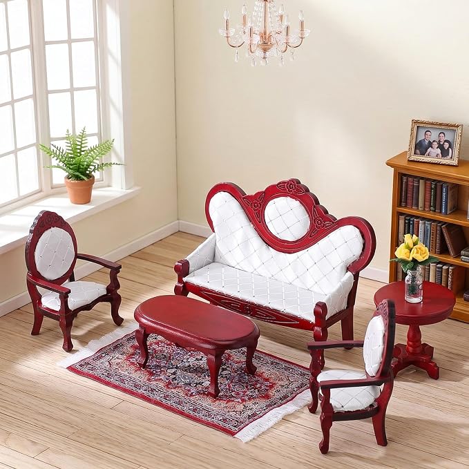 Skylety 7 Pcs Victorian Dollhouse Furniture Set 1: 12 Scale Wooden Mini House Living Room Furniture and Accessories, Sofa Table Chairs Vase for Adults Toys Gift Retro Miniature Doll House Accessories