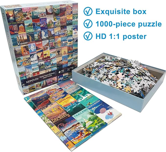 Puzzles for Adults 1000 Pieces Vintage World Travel, Jigsaw Puzzles Landscape Poster Puzzle Landmarks, 1000 Piece Scenic Jigsaw Puzzles for Adults 90 Scenics World Scenery
