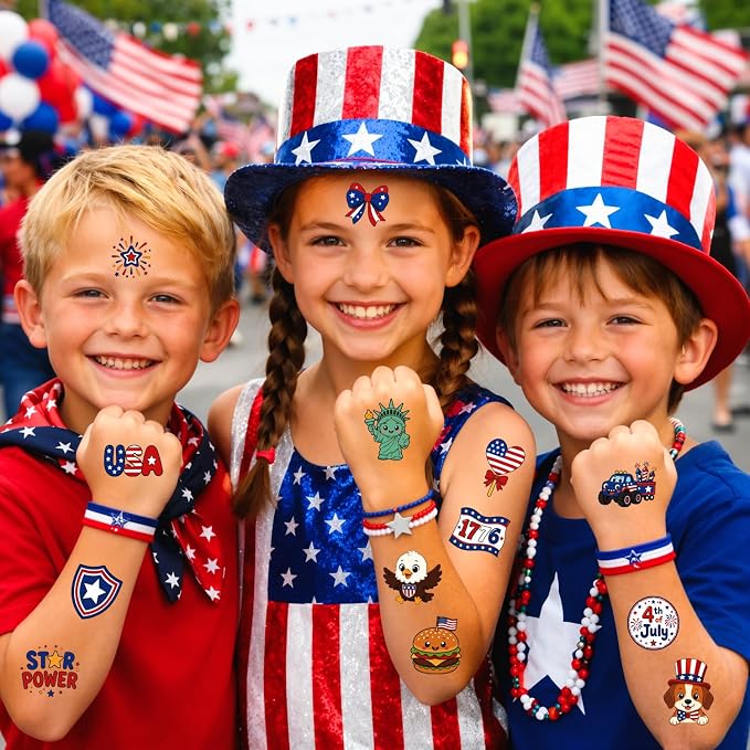 JCFIRE 4th of July Temporary Tattoos for Kids Adults, Cute Independence Day Fake Tattoos Stickers, Fourth of July Red White and Blue 4th of July Accessories for Women Girls Party Favors