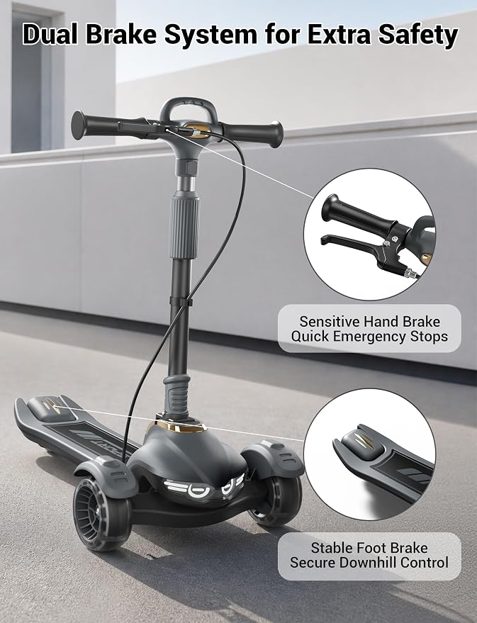 Large Kids Scooter, Toddler Scooter for Kids 3-18 & Adults, Safe Dual Brakes (Foot Brake/Hand Brake) & Music with Lights, 5-Level Adjustable & One-Click Folding Kick Scooter.