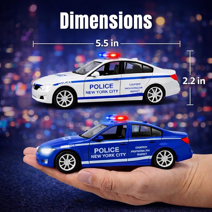 2 Pack Metal Diecast NY Police Cars Pull Back Battery Powered Toy Vehicles with LED Headlights and Siren Sounds 1:32 Scale