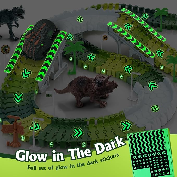 173 PCS Dinosaur Race Tracks for Kids Toys, Glow in The Dark Magic Toy Set with 360° Loop Ramp, 1 Dinosaur Car Track, 2 Realistic Dinosaurs, Flexible DIY Track Set, Gift for Boys Girls Age 3-9