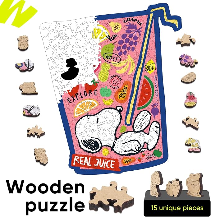 Peanuts Snoopy Puzzles for Adults – Wooden Jigsaw Puzzles, 200 Pieces Unique Shaped Wooden Puzzle, Relax Family Game, 5MM Thick, Officially Licensed Merchandise – Real Juice, 11.8" x 9.8"