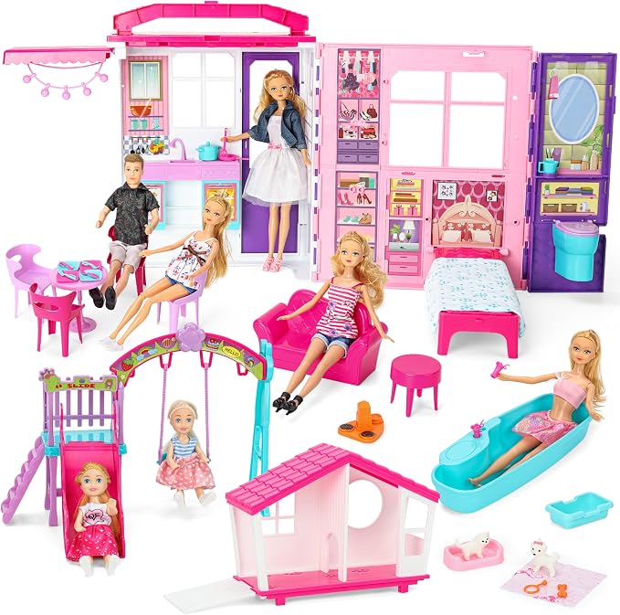 Style Shine Doll House Portable & Foldable Dollhouse w/ 60+ Pcs & 2 Dolls, Play House Toy with Bedroom Bathroom Kitchen Furniture Playset, Playhouse Gift for Girl Kid Toddler