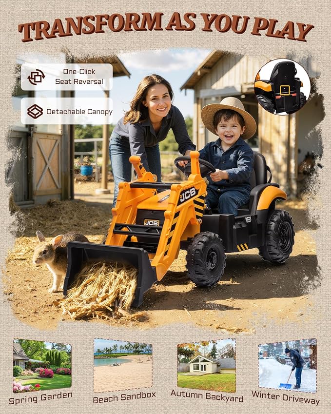 First Ride On JCB 12V Ride on Excavator for Kids with Remote Control, 3-in-1 Excavator, Bulldozer & Backhoe Ride on Toy, Kids Electric Construction Car with Reversible Seat, Canopy & Seat Belt (12V)