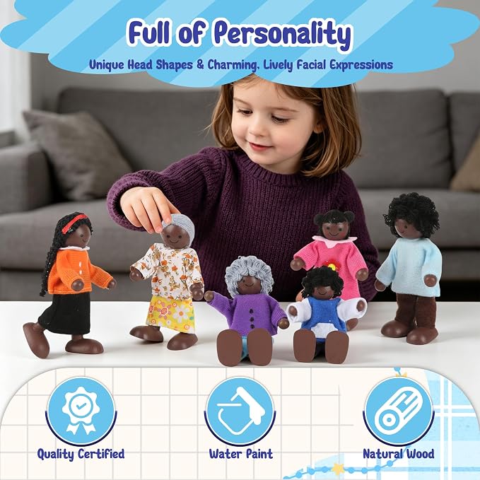 8PCS Wooden Dollhouse Family Miniature Doll Set Wooden Dollhouse Dolls for Boys Girls Toddler Kids Cosplay Figures Accessories for Pretend Toy Ages 3+ ﻿