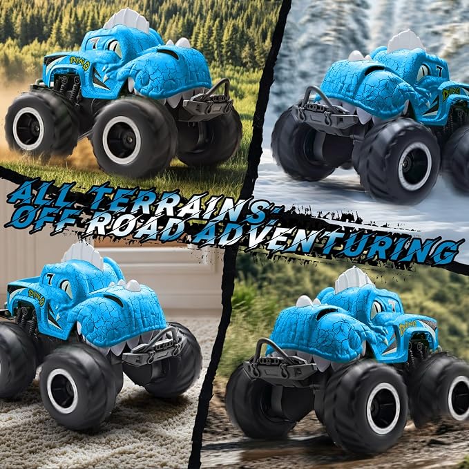 Amphibious Remote Control Car, 1:20 Waterproof Dinosaur Monster Trucks for Boys Age 4-7, 2.4GHz All Terrain RC Cars with 2 Batteries, 360° Rotating Stunt RC Car Toy Birthday Gift for Kids 3-5
