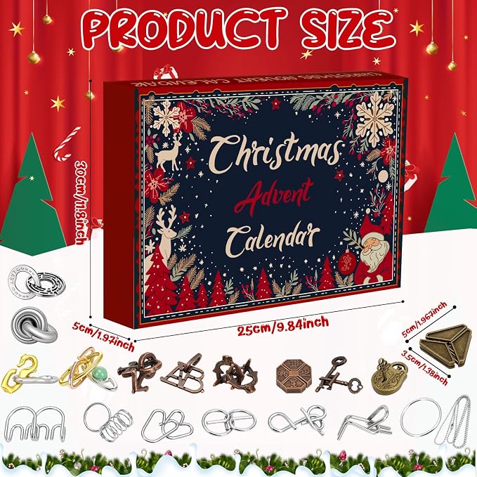 Skylety 24 Pcs Christmas Brain Teaser Puzzles Advent Calendar 2026 for Adults Bulk 3D Metal Wire Rings Teaser Puzzles Challenge Gifts with 24 Days Box for Christmas Countdown Holiday Birthday Party