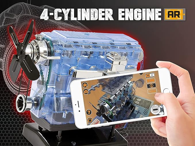 Machine Works Build Your Own Visible Model Engine Toys - Replica Model Building Kit 100+ Pieces- Features Working Sounds and Illuminiation, Internal Combustion Mechanics, Physics, STEM (4-Cylinder)