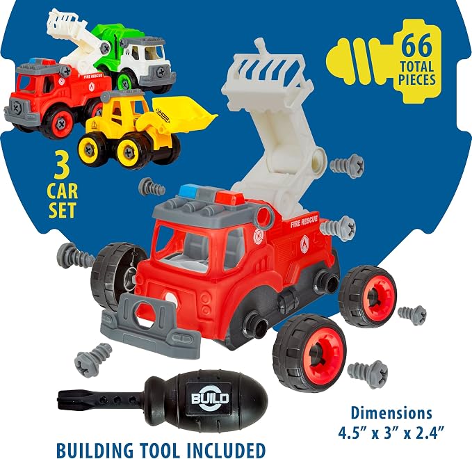 Power Gearz Take Apart Toy with Screwdriver and Screws- 3 Pack Truck Set for Boys and Girls- Fire Truck, Construction Garbage Trucks- Vehicle Set - Building Toys for Kids Ages 3-5