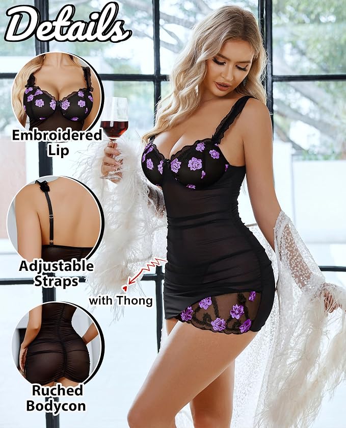 Avidlove Lingerie for Women Mesh Babydoll Lingeries Lace Chemise Floral Sleepwear Dress Sheer Exotic Boudoir Outfit S-XXL