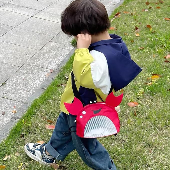Kids Mesh Beach Bag, Cute Crab-Shaped Seashell Collecting Bag with Adjustable Strap for Holding Shell Beach Toy