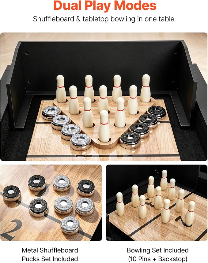 VEVOR 7ft 9ft 12ft Shuffleboard Table 2 in 1 Shuffleboard and Bowling Combo Set, Shuffle Board with Scratch-Resistant Playfield, Pucks, Bowling Set, Wax, Brush for Family Game Rooms