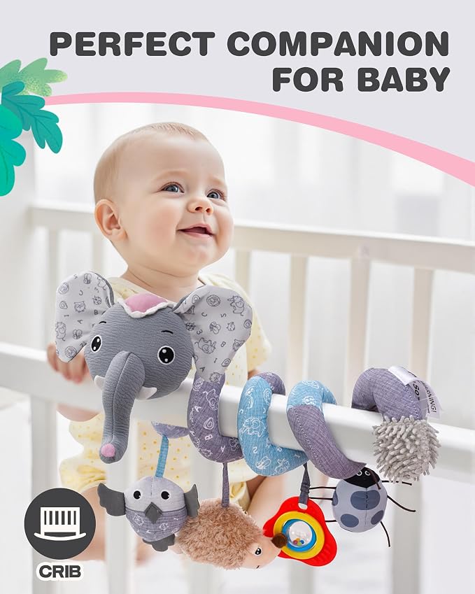 Jollybaby Crib Stroller Car Seat Toys for Baby 0-3-6-9-12 Months, Tummy Time Hanging Sensory Toys for Newborn with Music Box and Teether, Spiral Carseat Toy for Boys Girls Gifts (11-Sz Pink Elephant)