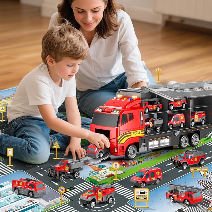 Toddler Boys Fire Truck Set: Fire Car Toy for Boy 3 4 5 6 Years Old | with Play Mat and Die-Cast Toy Car | Birthday Gifts Toys for 3-8 Year Old Boys | Girl Toys Cars with Light and Sound