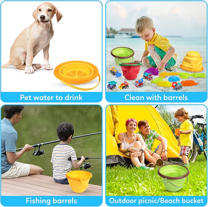 Beach Sand Toys Set for Kids, Silicone Collapsible Foldable Beach Bucket Travel Beach Toys for Summer Outdoor Camping and Fishing Tub with Sand Molds Shovels Rakes for Toddlers Boys Girls 2.5L 3PCS