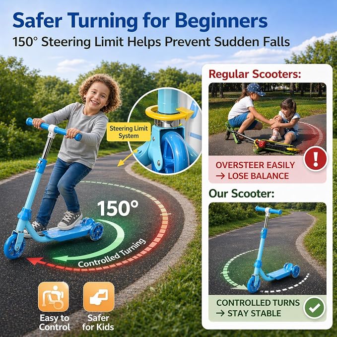 Kids Scooter Ages 3-7 - Three Wheel Preschool Toddler Kick Scooters,Safer Steering,Light Up Wheels, Adjustable Handlebar, Wide Anti-Slip Deck, Birthday for Boys Girls - Blue