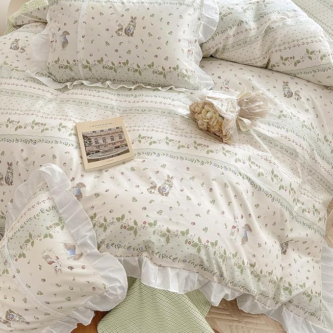 LifeTB Botanical Floral Comforter Set Full Size Cute Flower Leaves Rabbit Pattern Comforter Reversible Green Plaid Comforter Girls Princess Bedding Set Lace Ruffle Comforter Set for Kids Teen Girls