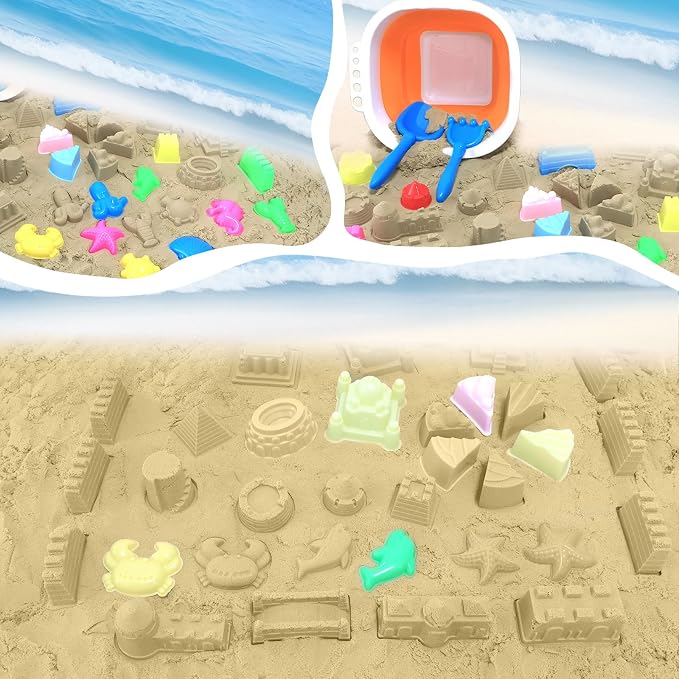 Collapsible Beach Toys for Kids, 38Pcs Sand Toys, 3 Foldable Buckets and Shovels Set with Mesh Bag，Sand Castle Building Kit, Travel Sandbox Toys, Beach Essentials for Kids Toddlers Boys Girls Age 3-10